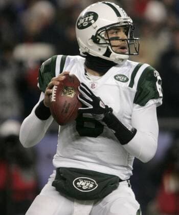 New York Jets quarterback Mark Sanchez, drops back for a pass against the New England Patriots in the first quarter at Gillette Stadium in Foxboro, Massachusetts on December 6, 2010.  BOS2010120602