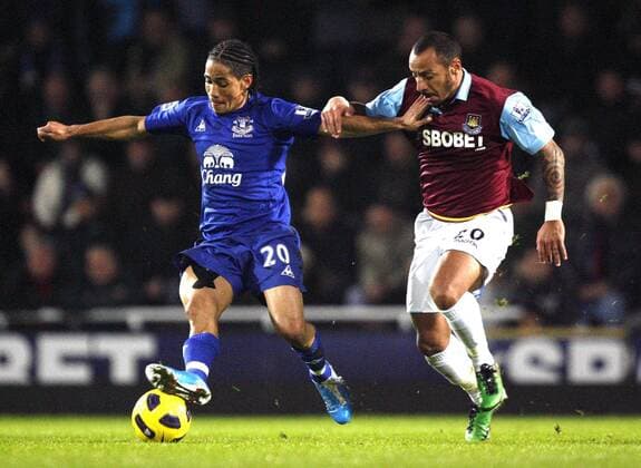 Steven Pienaar (L) of Everton holds off Julien Faubert of West Ham United Barclays Premier League: West Ham United vs Everton FC. 28th December, 2010 EDITORIAL USE ONLY. No use with unauthorised audio, video, data, fixture lists, club league logos or live services. Online in-match use limited to 120 images, no video emulation. No use in betting, games or single club league player publications.