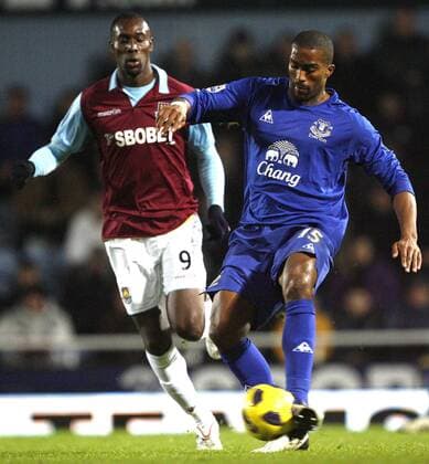 Sylvain Distin (R) of Everton holds off Carlton Cole of West Ham United Barclays Premier League: West Ham United vs Everton FC. 28th December, 2010 EDITORIAL USE ONLY. No use with unauthorised audio, video, data, fixture lists, club league logos or live services. Online in-match use limited to 120 images, no video emulation. No use in betting, games or single club league player publications.