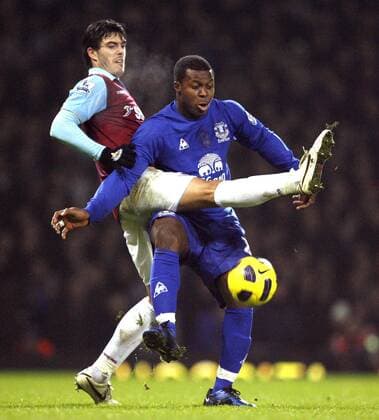 Yakubu Aiyegbeni (R) of Everton holds off James Tomkins of West Ham United Barclays Premier League: West Ham United vs Everton FC. 28th December, 2010 EDITORIAL USE ONLY. No use with unauthorised audio, video, data, fixture lists, club league logos or live services. Online in-match use limited to 120 images, no video emulation. No use in betting, games or single club league player publications.