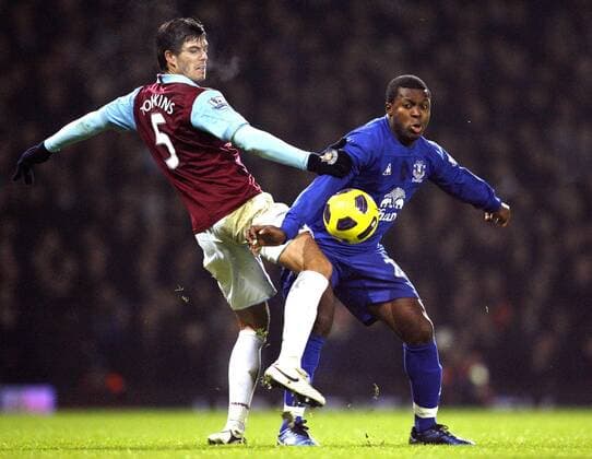 Yakubu Aiyegbeni (R) of Everton holds off James Tomkins of West Ham United Barclays Premier League: West Ham United vs Everton FC. 28th December, 2010 EDITORIAL USE ONLY. No use with unauthorised audio, video, data, fixture lists, club league logos or live services. Online in-match use limited to 120 images, no video emulation. No use in betting, games or single club league player publications.