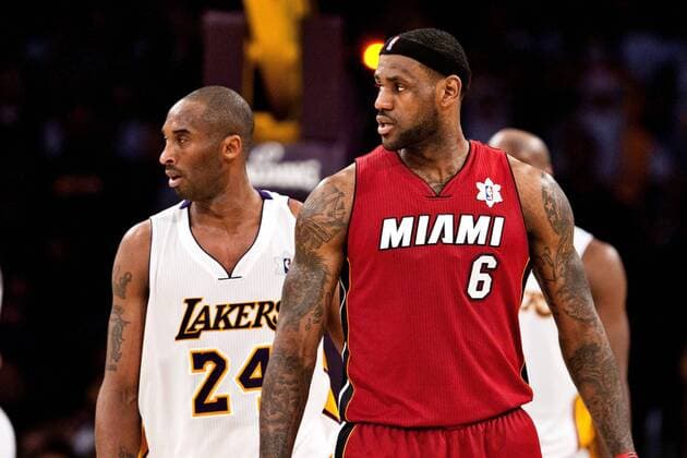 25 December 2010: Guard Kobe Bryant of the Los Angeles Lakers guards LeBron James of the Miami Heat during the second half of the Heat s 96-80 victory over the Lakers on Christmas Day at the STAPLES Center in Los Angeles, CA. Icon181101225057 EDITORIAL USE ONLY
