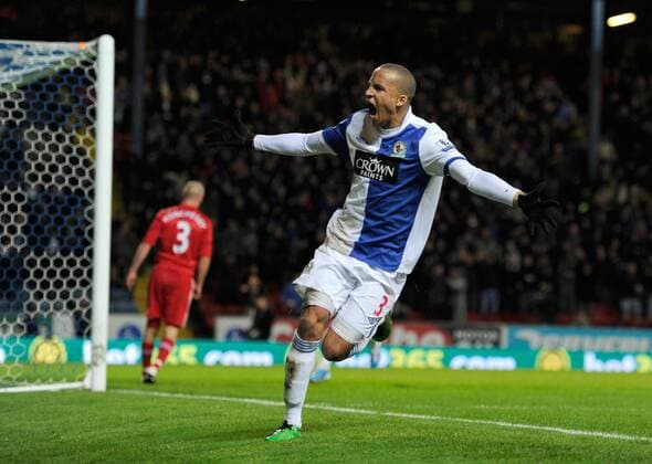 Martin Olsson of Blackburn Rovers celebrates the first goal, Blackburn Rovers (white) - FC Liverpool (red) EDITORIAL USE ONLY. No use with unauthorised audio, video, data, fixture lists, club league logos or live services. Online in-match use limited to 120 images, no video emulation. No use in betting, games or single club league player publications. o0 Jubel, Freude