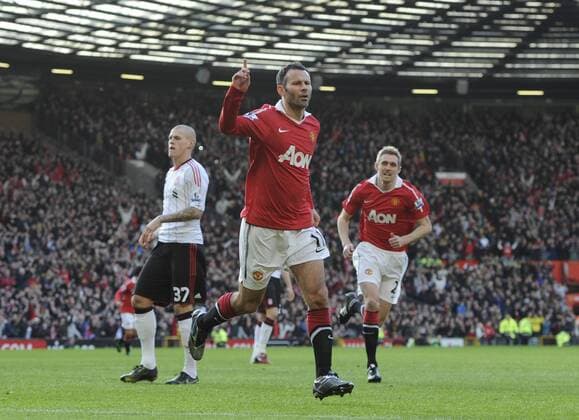 Ryan Giggs of Manchester United celebrates scoring the first goal from a penalty EON FA Cup 3rd Round Manchester United v Liverpool FC 9th January, 2011 EDITORIAL USE ONLY. No use with unauthorised audio, video, data, fixture lists, club league logos or live services. Online in-match use limited to 120 images, no video emulation. No use in betting, games or single club league player publications. o0 ManU