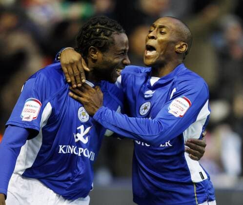 Leicester citys Sol Bamba (L) celebetares scoring on his debut with Lloyd Dyer to make it 1-0 against Manchester City - FA Cup 3rd Round - Leicester City vs. Manchester City - EDITORIAL USE ONLY. No use with unauthorised audio, video, data, fixture lists, club league logos or live services. Online in-match use limited to 120 images, no video emulation. No use in betting, games or single club league player publications.