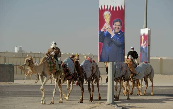 Kamelrennen Doha 12.01.2011 - Kameltreiber mit ihren Dromedaren kommen auf dem Weg zur Rennbahn an einem Plakaten mit dem Emir von Katar, HH Sheikh Hamad bin Khalifa Al-Thani mit WM Pokal bei Doha vorbei. 
