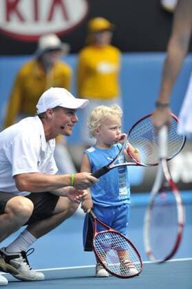 Rally for Relief charity match exhibition: Lleyton Hewitt (Australia) and his son. 