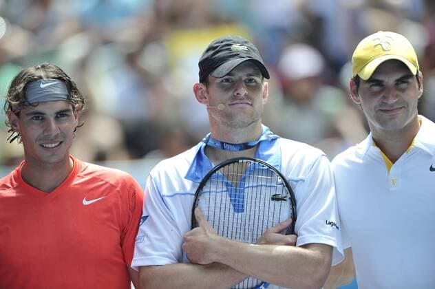 Rally for Relief charity match exhibition: L-R: Rafael Nadal (ESP), Andy Roddick (USA), Roger Federer (SUI) 