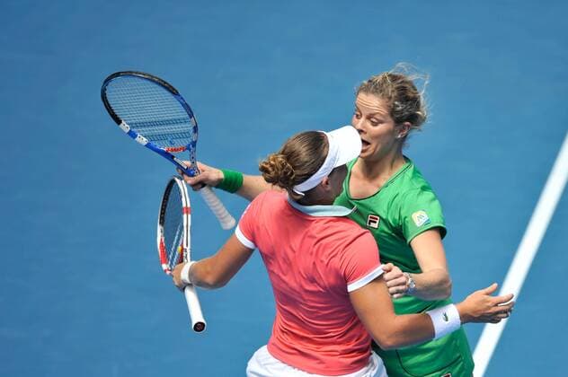 Jan. 16, 2011 - Melbourne, Victoria, Australia - Samantha Stosur l. Australia and Kim Clijsters BEL at the Rally For Relief charity exhibition match by top players of the 2011 Australian Open at Melbourne Park. - ZUMAx35