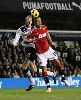 Tottenhams Peter Crouch tussles with Manchester Uniteds Nemanja Vidic - Barclays Premier League, Tottenham Hotspur (white) v Manchester United Manu (red) 16th January, 2011 EDITORIAL USE ONLY. No use with unauthorised audio, video, data, fixture lists, club league logos or live services. Online in-match use limited to 120 images, no video emulation. No use in betting, games or single club league player publications.