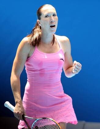 Melbourne - Jelena Jankovic of Serbia reacts after the women s singles first round match at the 2011 Australian Open tennis tournament in Melbourne,  o0 Jubel Freude