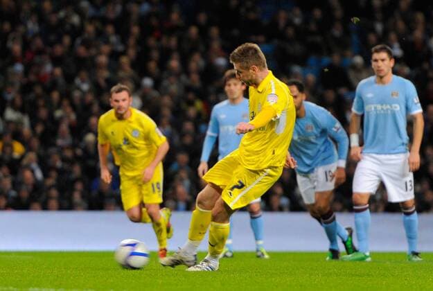 Paul Gallagher of Leicester City scores from the penalty spot to equalise EON FA Cup 3rd Round replay Manchester City v Leicester City - EDITORIAL USE ONLY. No use with unauthorised audio, video, data, fixture lists, club league logos or live services. Online in-match use limited to 120 images, no video emulation. No use in betting, games or single club league player publications.