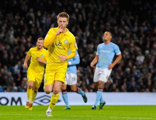 Paul Gallagher of Leicester City celebrates scoring the equalising goal EON FA Cup 3rd Round replay Manchester City v Leicester City - EDITORIAL USE ONLY. No use with unauthorised audio, video, data, fixture lists, club league logos or live services. Online in-match use limited to 120 images, no video emulation. No use in betting, games or single club league player publications.