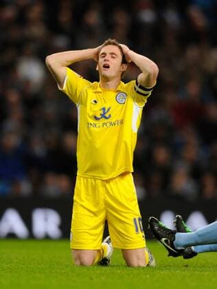 Andy King of Leicester City reacts to a chance EON FA Cup 3rd Round replay Manchester City v Leicester City - EDITORIAL USE ONLY. No use with unauthorised audio, video, data, fixture lists, club league logos or live services. Online in-match use limited to 120 images, no video emulation. No use in betting, games or single club league player publications.