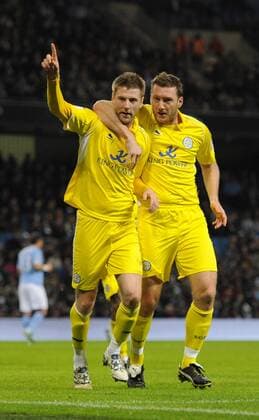Paul Gallagher of Leicester City (L) celebrates his penalty goal with Steve Howard of Leicester City EON FA Cup 3rd Round replay Manchester City v Leicester City - EDITORIAL USE ONLY. No use with unauthorised audio, video, data, fixture lists, club league logos or live services. Online in-match use limited to 120 images, no video emulation. No use in betting, games or single club league player publications.