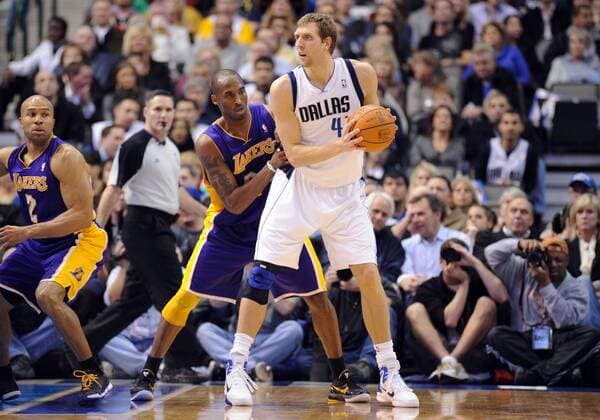 January 19, 2011: Dallas Mavericks power forward Dirk Nowitzki 41 is guarded by Los Angeles Lakers shootingguard Kobe Bryant 24 finished with 21 points in an NBA game between the Los Angeles Lakers and the Dallas Mavericks at the American Airlines Center in Dallas, TX Dallas defeated Los Angeles 109-100 Icon2011011950 EDITORIAL USE ONLY