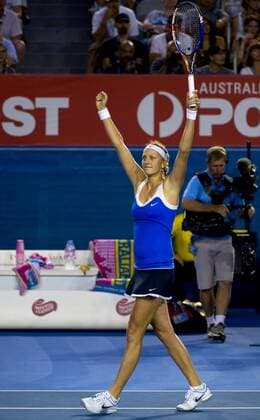 Petra Kvitova of the Czech Republic celebrates after winning the third round match of women s singles at the Australian Open tennis tournament in Melbourne Jan. 22, 2011. Kvitova won 2-0.  o0 Jubel Freude