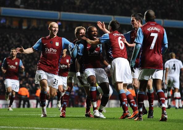 Football - Premier League - Aston Villa vs. Manchester City Aston Villa s new signing Darren Bent (C) celebrates scoring their opening goal on his debut at Villa Park, Birmingham