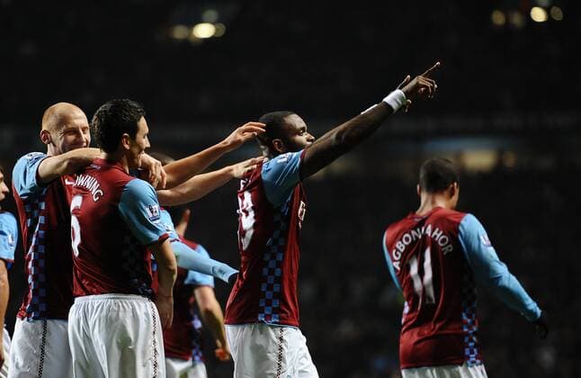 Football - Premier League - Aston Villa vs. Manchester City Aston Villa s new signing Darren Bent (2R) celebrates scoring their opening goal on his debut at Villa Park, Birmingham