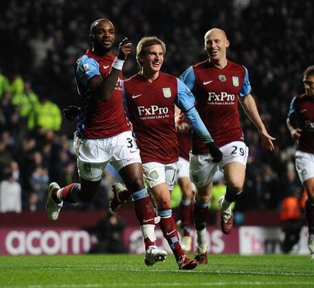 Football - Premier League - Aston Villa vs. Manchester City Aston Villa s new signing Darren Bent (L) celebrates scoring their opening goal on his debut at Villa Park, Birmingham 