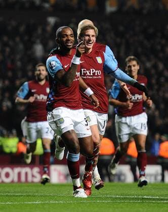 Football - Premier League - Aston Villa vs. Manchester City Aston Villa s new signing Darren Bent (L) celebrates scoring their opening goal on his debut at Villa Park, Birmingham 