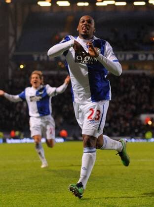 David Hoilett of Blackburn Rovers (blue) celebrates scoring the second goal Barclays Premier League Blackburn Rovers v West Bromwich Albion 23rd January, 2011 EDITORIAL USE ONLY. No use with unauthorised audio, video, data, fixture lists, club league logos or live services. Online in-match use limited to 120 images, no video emulation. No use in betting, games or single club league player publications. o0 Jubel Freude Freisteller