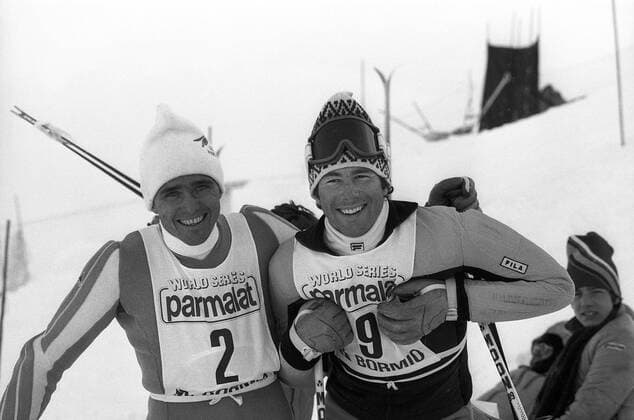Christian Neureuther (BR Deutschland, li.) und Ingemar Stenmark (Schweden) Alpiner Skilauf Herren Ski Alpin 1978 1979, Skisport Gruppe BRD Bormio Harmonie, Freude, Kameradschaft,