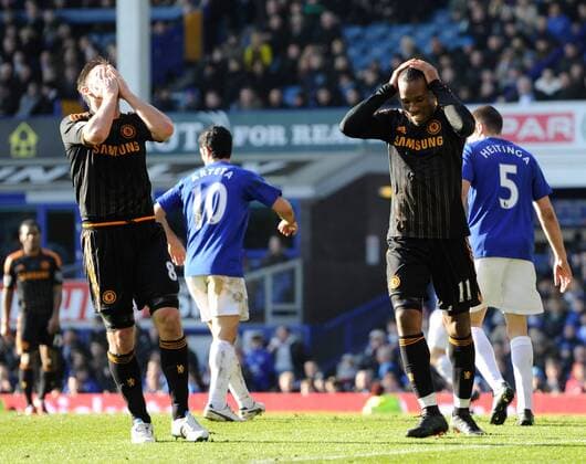 Frank Lampard (L) of Chelsea and Didier Drogba of Chelsea dejected after missing a chance to score EON FA Cup 4th Round, FC Everton - FC Chelsea London EDITORIAL USE ONLY. No use with unauthorised audio, video, data, fixture lists, club league logos or live services. Online in-match use limited to 120 images, no video emulation. No use in betting, games or single club league player publications. o0 Enttäuschung