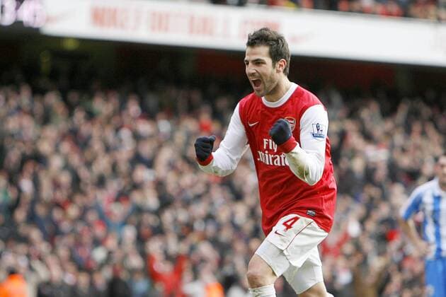 Football - Football - FA Cup Fourth Round - Arsenal London (red) vs. Huddersfield Town (blue) --- Arsenal s Cesc Fabregas celebrates scoreing a late penalty at The Emirates Stadium 