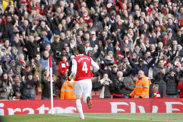 Football - Football - FA Cup Fourth Round - Arsenal London (red) vs. Huddersfield Town (blue) --- Arsenal s Cesc Fabregas celebrates scoreing a late penalty at The Emirates Stadium at The Emirates Stadium 