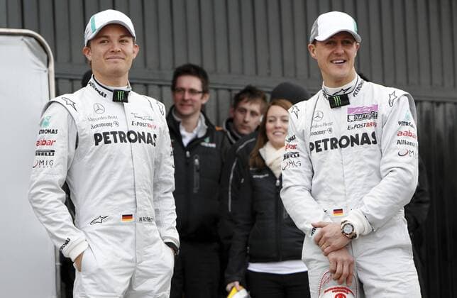 Formula 1 Team Presentation, Valencia - 01.02.11 - The new Mercedes GP MGP W02 Petronas - Nico Rosberg (L) and Michael Schumacher (GER) - Mercedes GP - xHOCHxZWEIx xJuergenxTapx