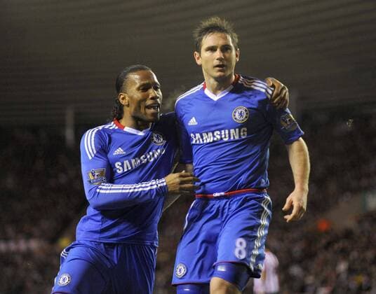 Chelsea FC s Frank Lampard (R) celebrates scoring his side s first goal from a penalty kick with team mate Didier Drogba. Barclays Premier League AFC Sunderland v Chelsea FC 1st February, 2011 EDITORIAL USE ONLY. No use with unauthorised audio, video, data, fixture lists, club league logos or live services. Online in-match use limited to 120 images, no video emulation. No use in betting, games or single club league player publications.