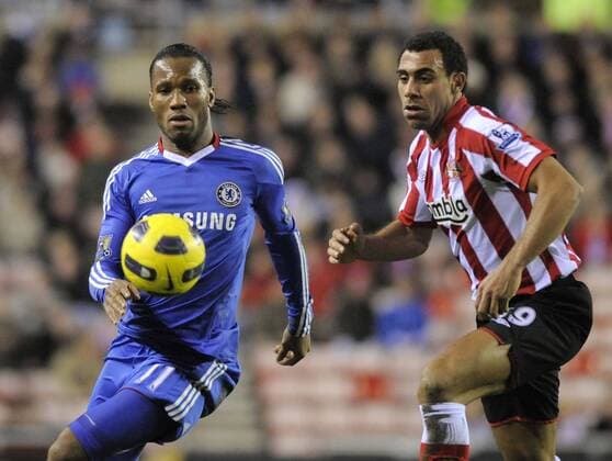 AFC Sunderland s Anton Ferdinand and Chelsea FC s Didier Drogba (L) . Barclays Premier League AFC Sunderland v Chelsea FC 1st February, 2011 EDITORIAL USE ONLY. No use with unauthorised audio, video, data, fixture lists, club league logos or live services. Online in-match use limited to 120 images, no video emulation. No use in betting, games or single club league player publications.