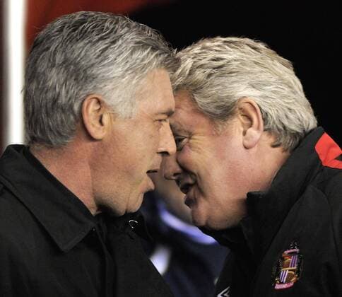 AFC Sunderland s coach Steve Bruce and Chelsea FC s coach Carlo Ancelotti exchange pleasantries before kick off. Barclays Premier League AFC Sunderland v Chelsea FC 1st February, 2011 EDITORIAL USE ONLY. No use with unauthorised audio, video, data, fixture lists, club league logos or live services. Online in-match use limited to 120 images, no video emulation. No use in betting, games or single club league player publications.
