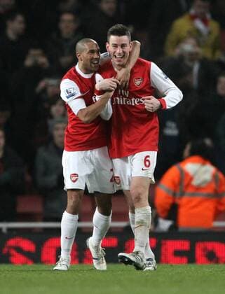 FC Arsenals Laurent Koscielny (R) and Gael Clichy celebrate at the final whistle Barclays Premier League FC Arsenal v FC Everton 1st February, 2011 EDITORIAL USE ONLY. No use with unauthorised audio, video, data, fixture lists, club league logos or live services. Online in-match use limited to 120 images, no video emulation. No use in betting, games or single club league player publications. o0 London Jubel Freude