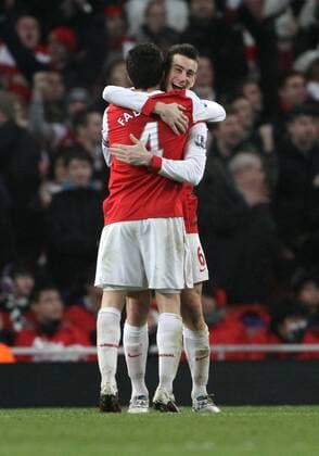 FC Arsenals Laurent Koscielny (R) and Cesc Fabregas celebrate at the final whistle Barclays Premier League FC Arsenal v FC Everton 1st February, 2011 EDITORIAL USE ONLY. No use with unauthorised audio, video, data, fixture lists, club league logos or live services. Online in-match use limited to 120 images, no video emulation. No use in betting, games or single club league player publications. o0 London Jubel Freude