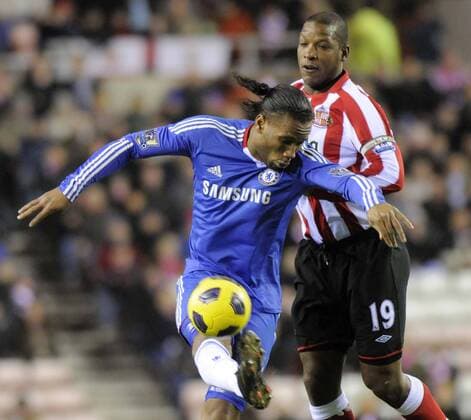 AFC Sunderland s Titus Bramble (R) and FC Chelsea s Didier Drogba. Barclays Premier League AFC Sunderland v FC Chelsea 1st February, 2011 EDITORIAL USE ONLY. No use with unauthorised audio, video, data, fixture lists, club league logos or live services. Online in-match use limited to 120 images, no video emulation. No use in betting, games or single club league player publications.