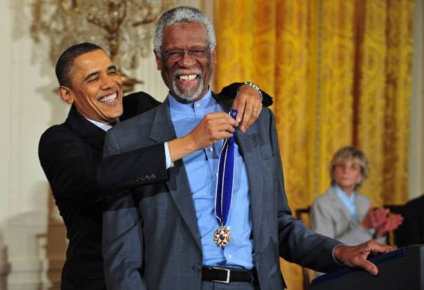 President Barack Obama (USA) awards the 2010 Presidential Medal of Freedom to basketball great Bill Russell during a ceremony at the White House in Washington on February 15, 2011.  WAP20110215348