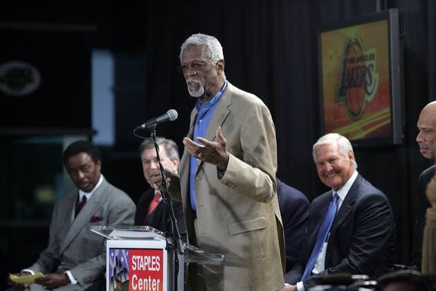 Feb 17, 2011 - Los Angeles, California, U.S. - Former NBA player BILL RUSSELL speaks during the ceremony to unveiling of a bronze statue of Legendary Los Angeles Lakers and NBA Hall of Fame player Jerry West in Star Plaza at Staplers Center in Los Angele - ZUMAc68