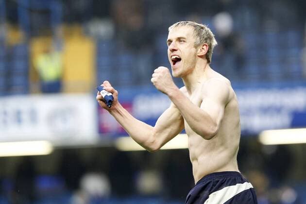 FA Cup Fourth Round Replay - Chelsea FC London - Everton FC - Everton s Phil Neville celebrates scoring the winning penalty at Stamford Bridge 