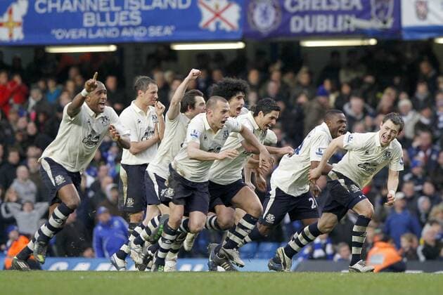 FA Cup Fourth Round Replay - Chelsea FC London - Everton FC - Everton celebrate winning the match at Stamford Bridge at Stamford Bridge 