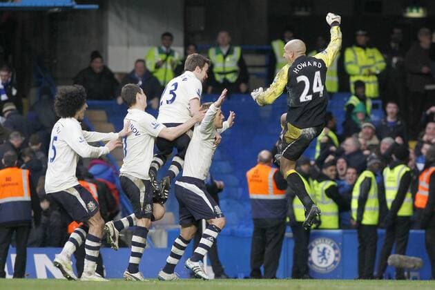 FA Cup Fourth Round Replay - Chelsea FC London - Everton FC - Everton celebrate winning the match at Stamford Bridge at Stamford Bridge - Tim Howard (R) - 