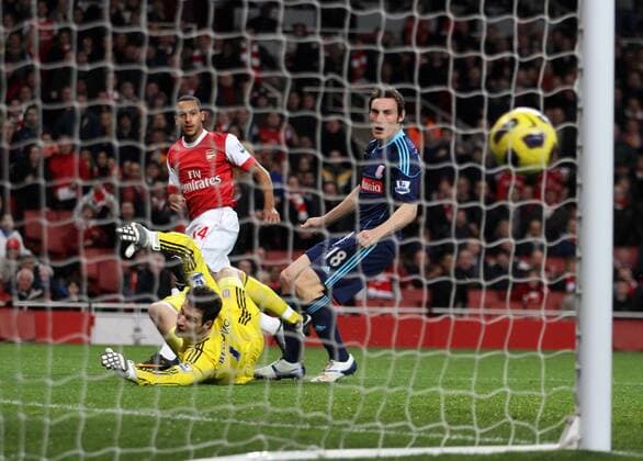 Arsenals Theo Walcott (Back) watches as his shot hits the post - Premier League - Arsenal FC London - Stoke City - EDITORIAL USE ONLY. No use with unauthorised audio, video, data, fixture lists, club league logos or live services. Online in-match use limited to 120 images, no video emulation. No use in betting, games or single club league player publications.