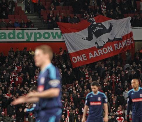 Stokes Ryan Shawcross in front of an Aaron Ramsey banner - Premier League - Arsenal FC London - Stoke City - EDITORIAL USE ONLY. No use with unauthorised audio, video, data, fixture lists, club league logos or live services. Online in-match use limited to 120 images, no video emulation. No use in betting, games or single club league player publications.