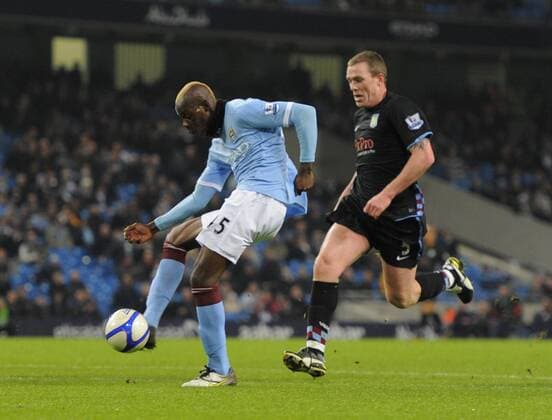 Mario Balotelli of Manchester City scores the second goal EON FA Cup 5th Round Manchester City (blue) v Aston Villa (black) 2nd March, 2011 EDITORIAL USE ONLY. No use with unauthorised audio, video, data, fixture lists, club league logos or live services. Online in-match use limited to 120 images, no video emulation. No use in betting, games or single club league player publications.