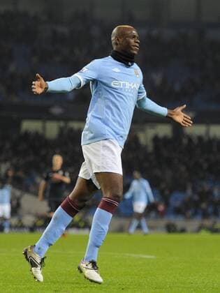 Mario Balotelli of Manchester City celebrates scoring the second goal EON FA Cup 5th Round Manchester City (blue) v Aston Villa (black) 2nd March, 2011 EDITORIAL USE ONLY. No use with unauthorised audio, video, data, fixture lists, club league logos or live services. Online in-match use limited to 120 images, no video emulation. No use in betting, games or single club league player publications.