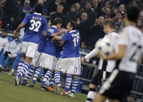Schalke s Jubilation after the 1:1 during the Champions League match between FC Schalke 04 and FC Valencia, Veltinsarena in Gelsenkirchen on March 09., 2011 o0 Jubel Freude