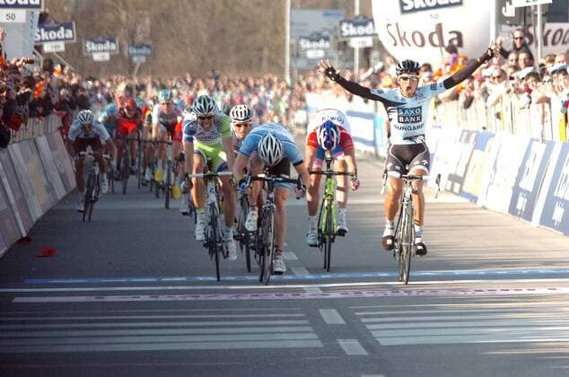 2011, Tirreno Adriatico, Etappe 3: Terranuova Bracciolini - Perugia: Etappensieger Juan Jose Haedo (Saxo Bank) jubelt  o0 Jubel Freude