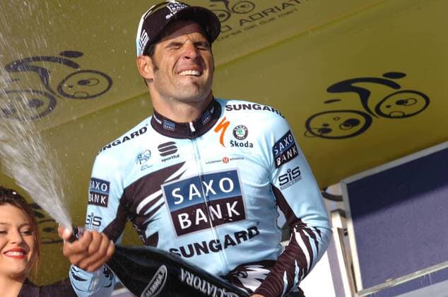 2011, Tirreno Adriatico, Etappe 3: Terranuova Bracciolini - Perugia: Saxo Bank, Etappensieger Juan Jose Haedo  o0 Jubel Freude Sekt Sektdusche