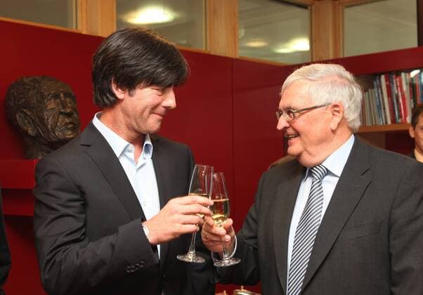 German football national coach Joachim Löw (L) and the president of the German Football Association (DFB) Theo Zwanziger click their glasses after Loew signed a contract , signs a contract at the DFB headquarters in Frankfurt am Main, Germany - 